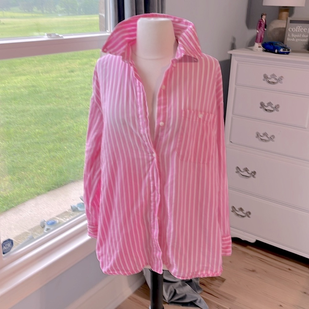 Pink White Striped Boyfriend Button-Up Shirt Beachy Men’s XS